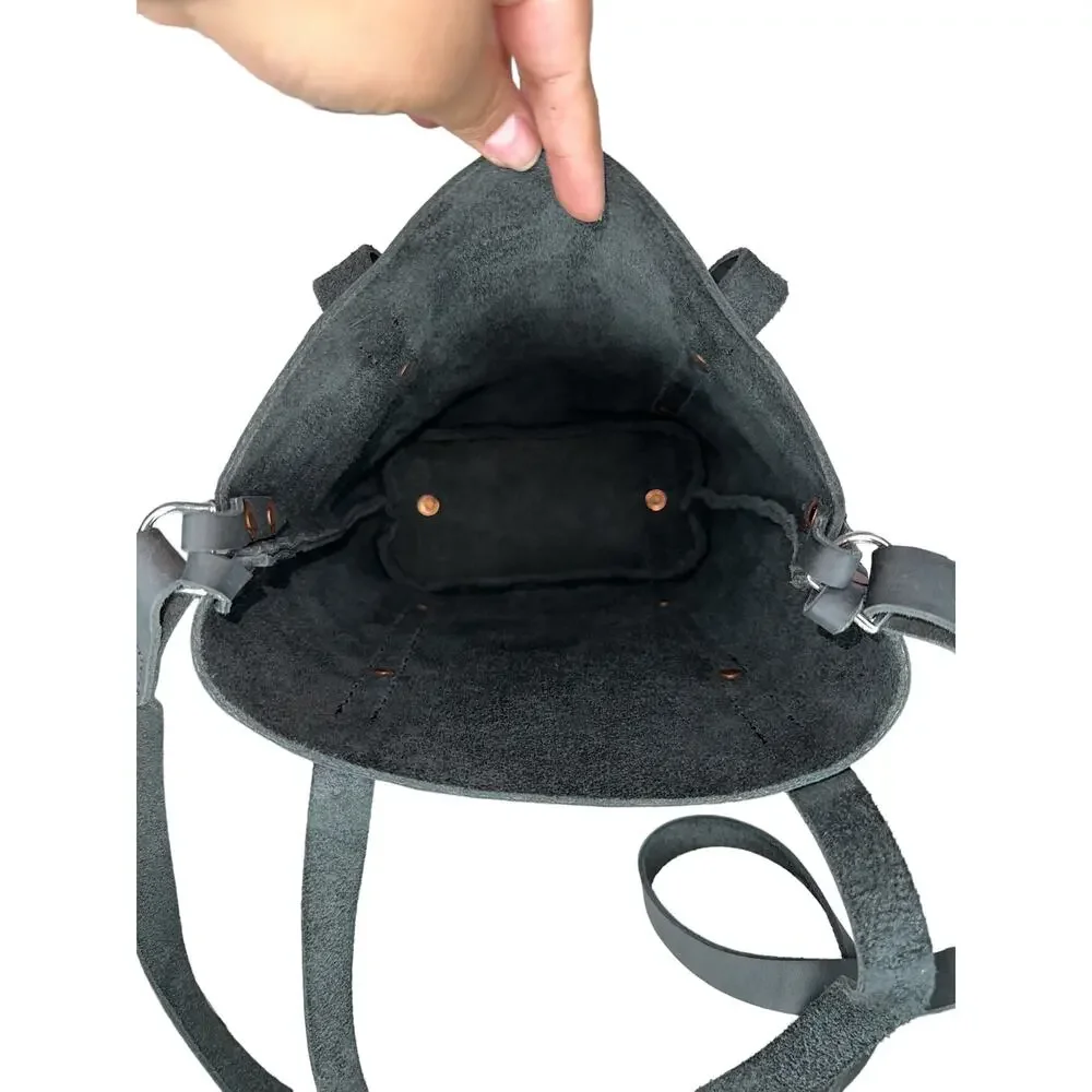 Haiti Made Mini Travay Upright Saddle Black Leather Tote Bag Purse Front Pocket